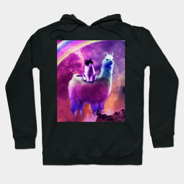 Kitty Cat Riding On Rainbow Llama In Space Hoodie by Random Galaxy